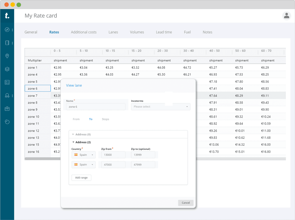 Rate management screen